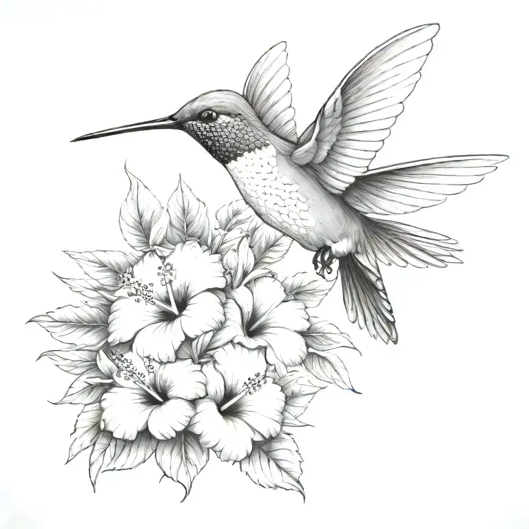 Hummingbird With Hibiscus And Tropical Leaves