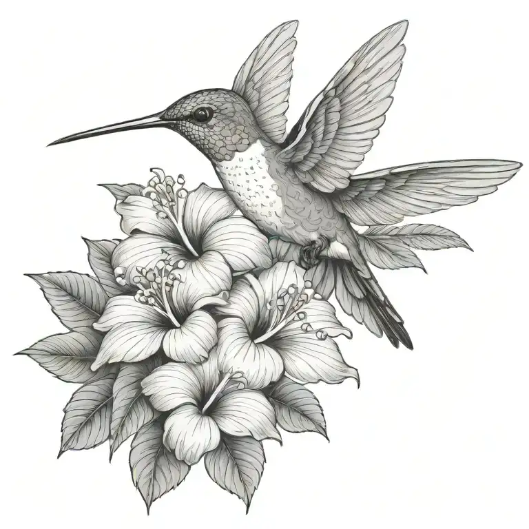 Hummingbird With Hibiscus And Tropical Leaves