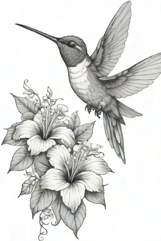 Hummingbird With Hibiscus And Tropical Leaves
