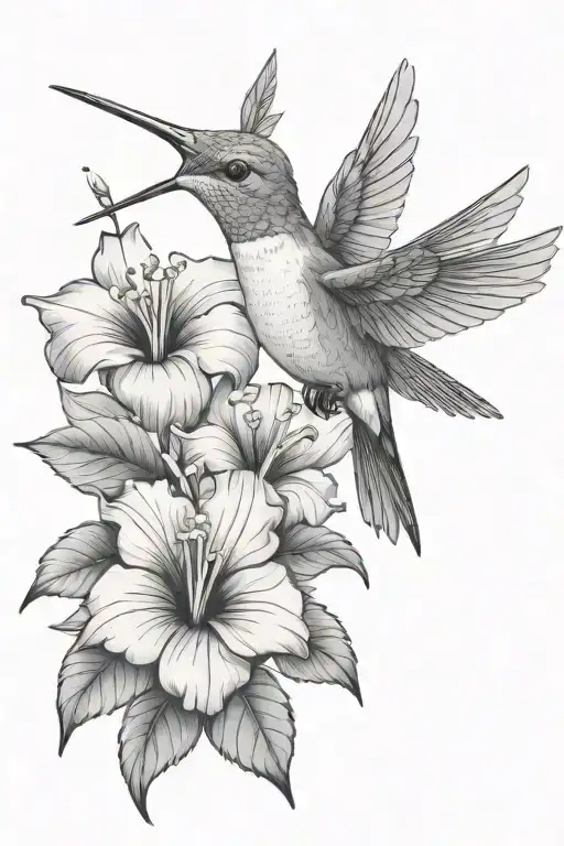 Hummingbird With Hibiscus And Tropical Leaves