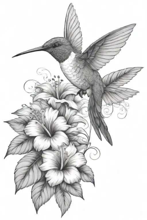 Hummingbird With Hibiscus And Tropical Leaves