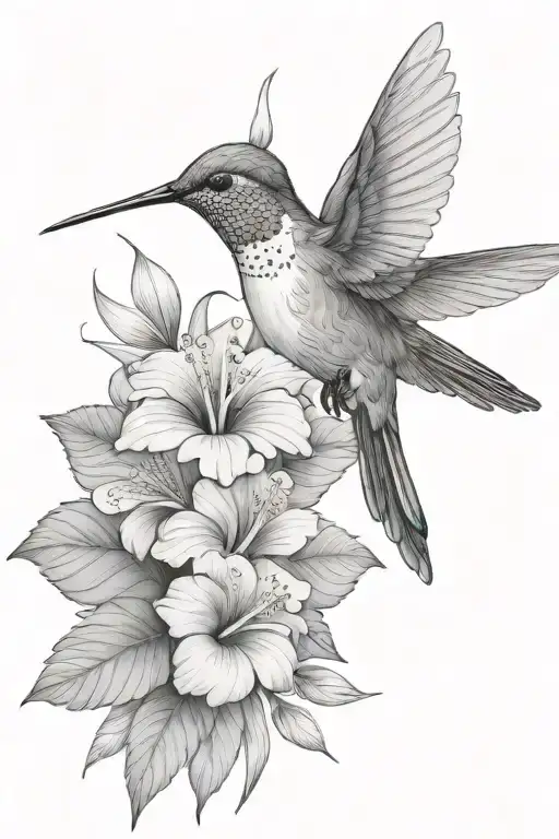 Hummingbird With Hibiscus And Tropical Leaves