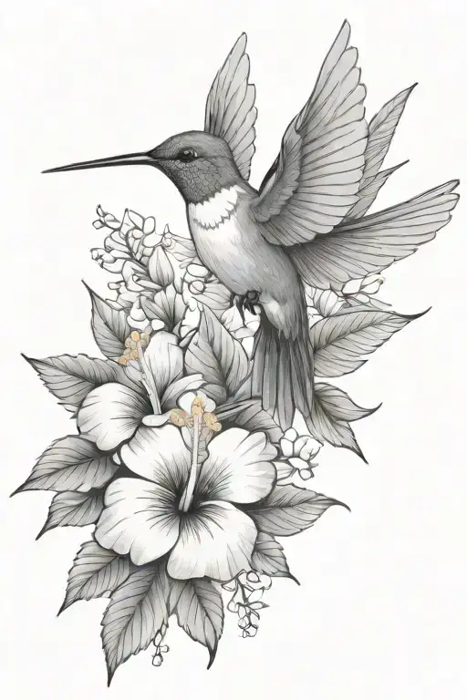 Hummingbird With Hibiscus And Tropical Leaves