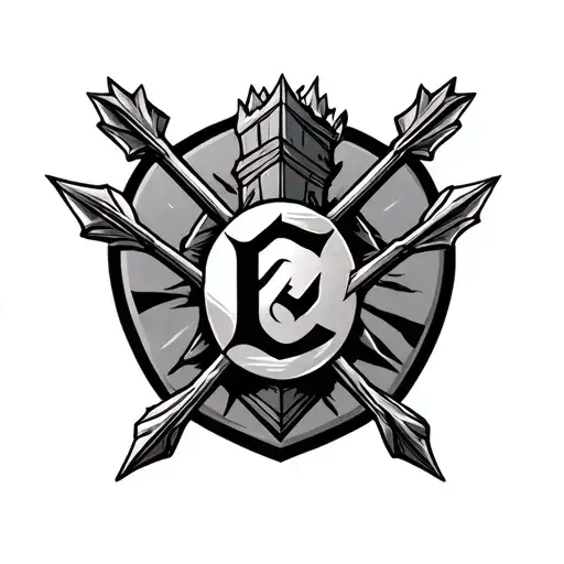 Crest Tattoo With Three Arrows And An E In The Background