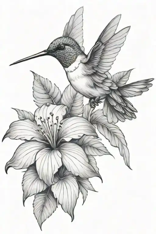 Hummingbird With Hibiscus And Tropical Leaves