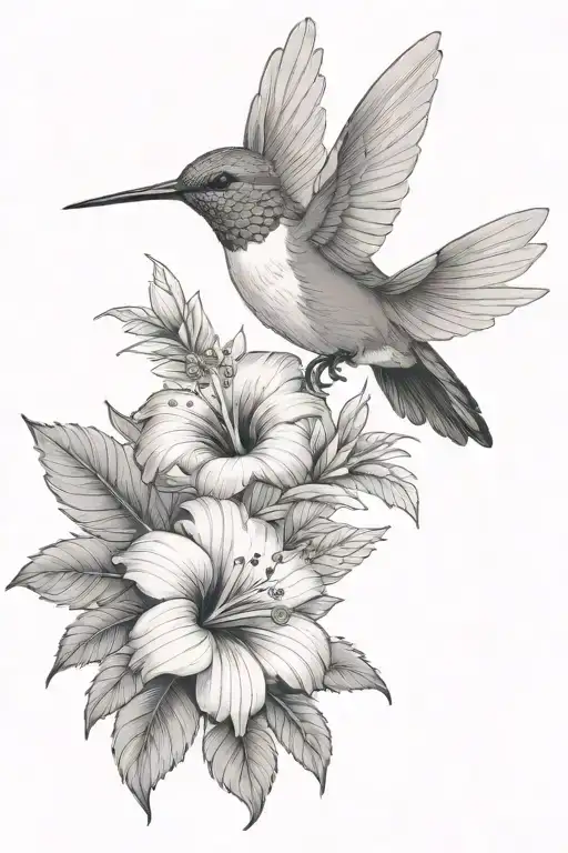 Hummingbird With Hibiscus And Tropical Leaves