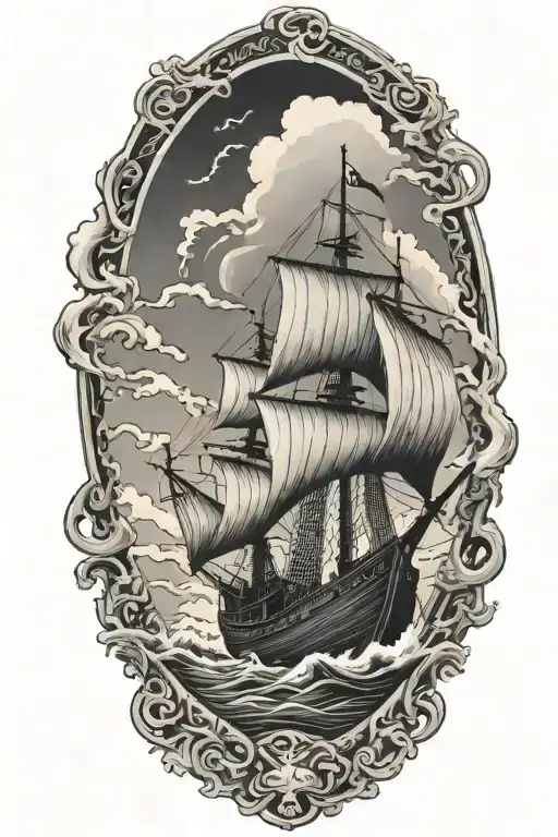 Viking Ship Sailing Through Stormy Sea With Oak Trees And Black Sky