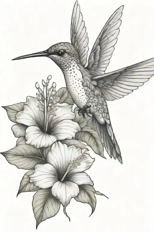 Hummingbird With Hibiscus And Tropical Leaves