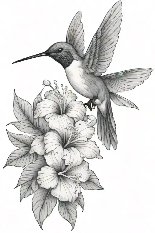 Hummingbird With Hibiscus And Tropical Leaves
