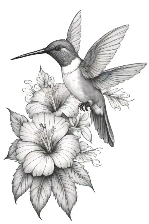 Hummingbird With Hibiscus And Tropical Leaves