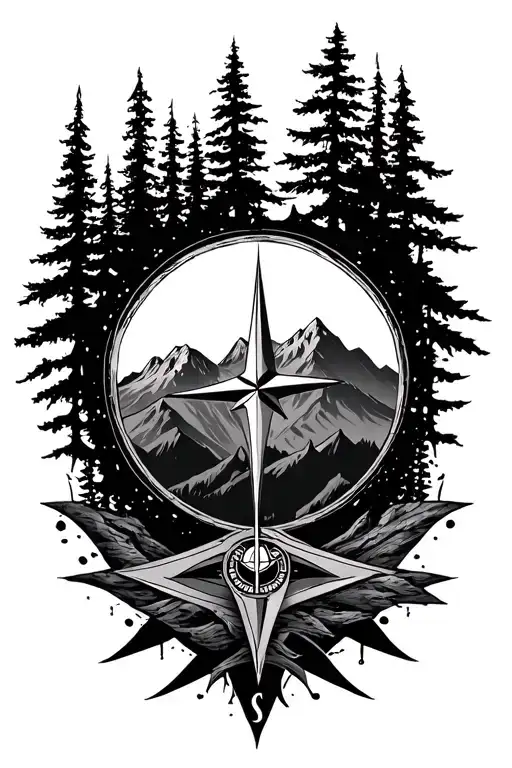 Trees Mountains Compass Rose Intertwined