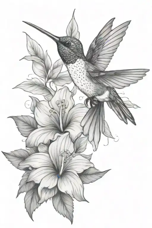 Hummingbird With Hibiscus And Tropical Leaves