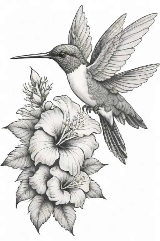 Hummingbird With Hibiscus And Tropical Leaves