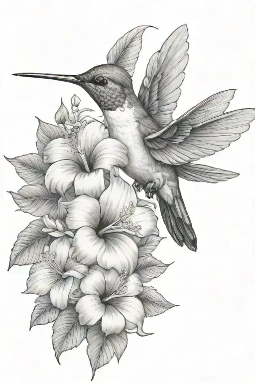 Hummingbird With Hibiscus And Tropical Leaves