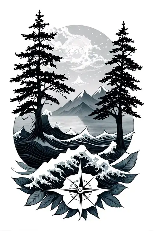 Quote Jap Waves Compass Mountains Trees And A Rose