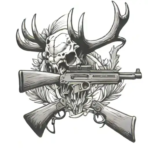 Deer Skull With A Rifle Leaning