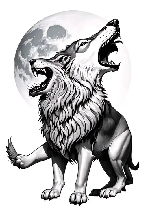 Roaring Lion And Wolf Howling At The Moon