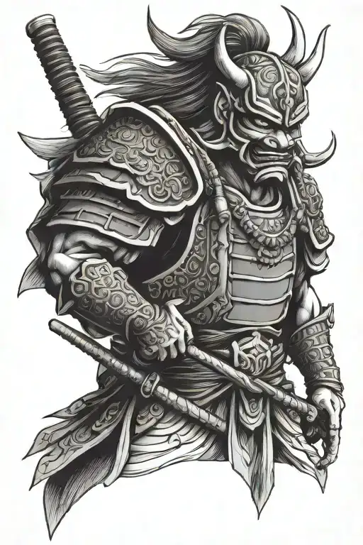Samurai Holding An Oni Mask Adorned In Traditional Armor