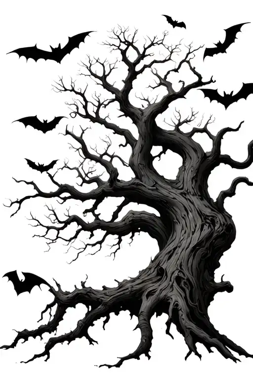 Withered Tree With Bats Flying Around It