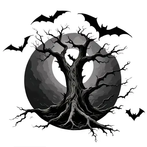 Withered Tree With Bats Flying Around It