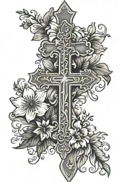 Cross And Flowers In Background Black And White