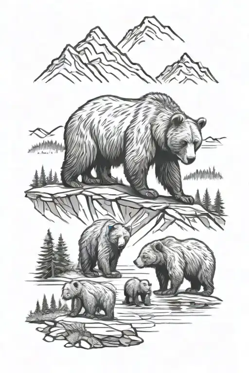 Bear Parents And Cubs Mountains And Trees
