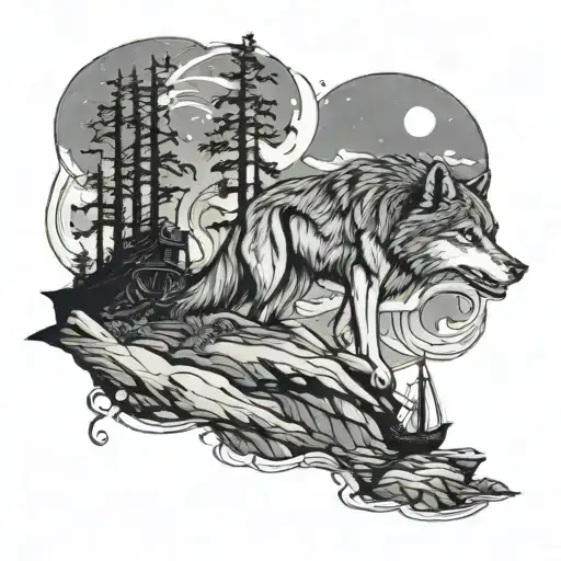 Wolves On A Cliff At The Edge Of The Sea With A Pirate Ship Under The Aurora Borealis