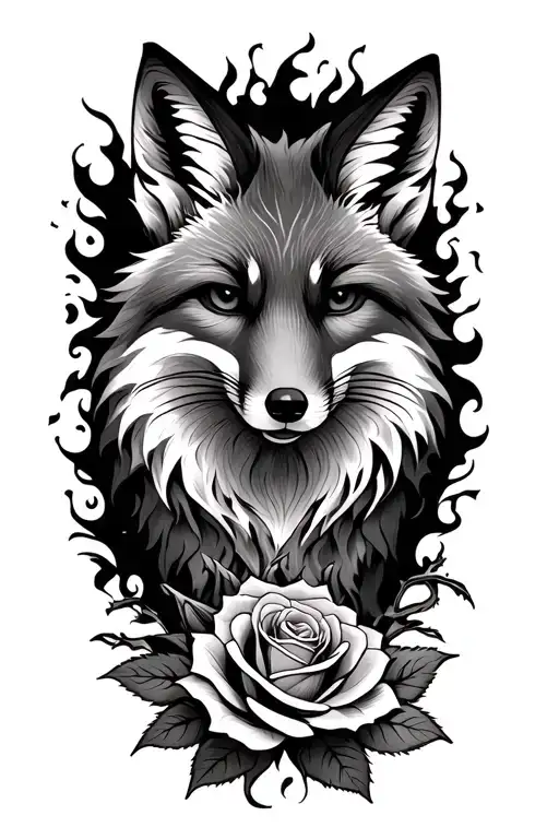 Agile Fox Front View Combined With A Long Thorny Flaming Rose And The Inscription Blessed
