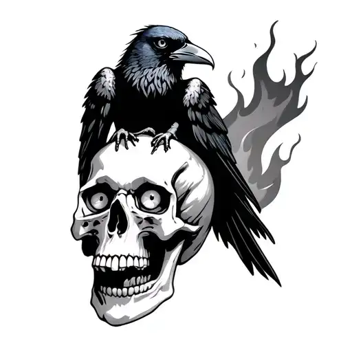 Raven Sitting On A Flaming Skull With 3 Eyes