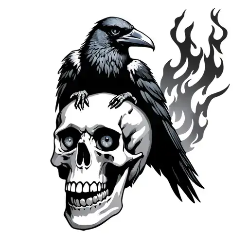 Raven Sitting On A Flaming Skull With 3 Eyes