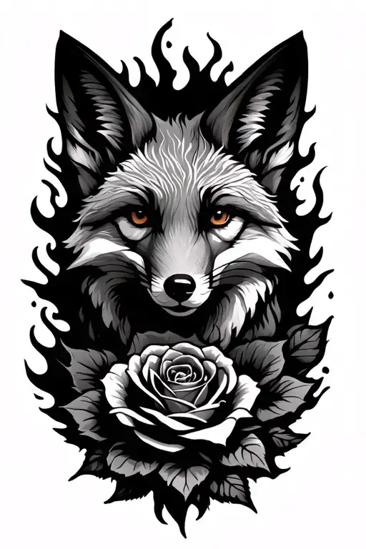Fox Front View Combined With A Long Thorny Flaming Rose And The Inscription Blessed
