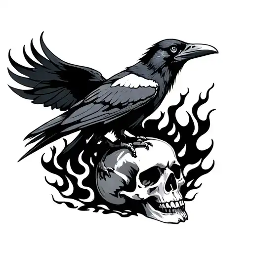 Raven Sitting On A Flaming Skull The Raven Has 3 Eyes