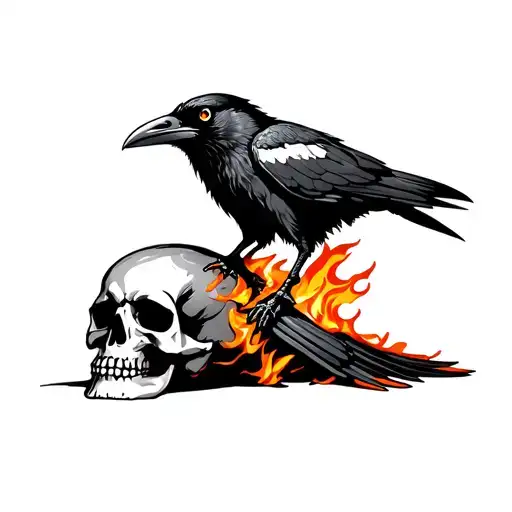 Raven Sitting On A Flaming Skull The Raven Has 3 Eyes