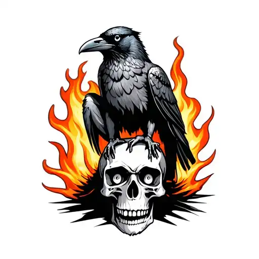 Raven Sitting On A Flaming Skull The Raven Has 3 Eyes On His Head