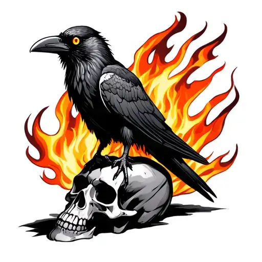 Raven Sitting On A Flaming Skull The Raven Has 3 Eyes On His Head