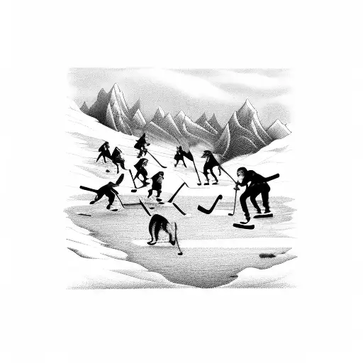 A Pack Of Dogs Playing Hockey On A Mountain Peak