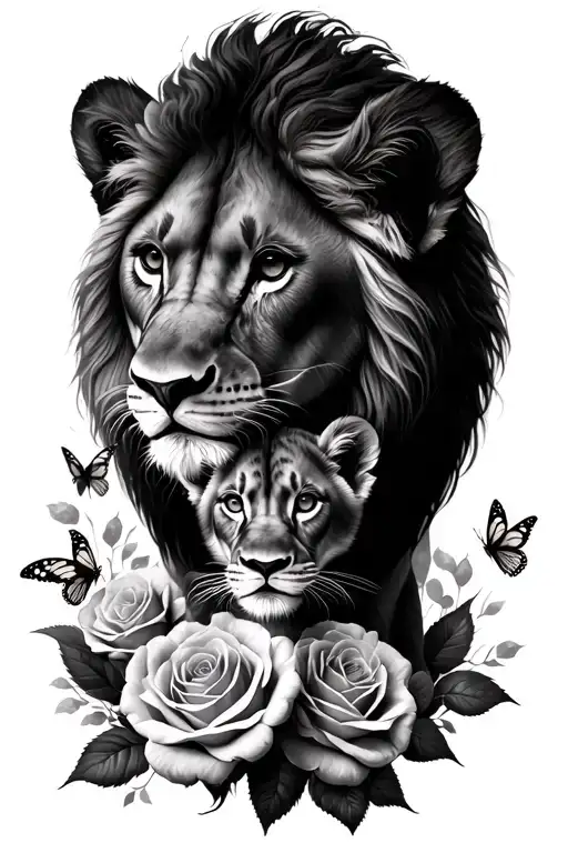 Lioness And Cub With Roses And Butter Fly