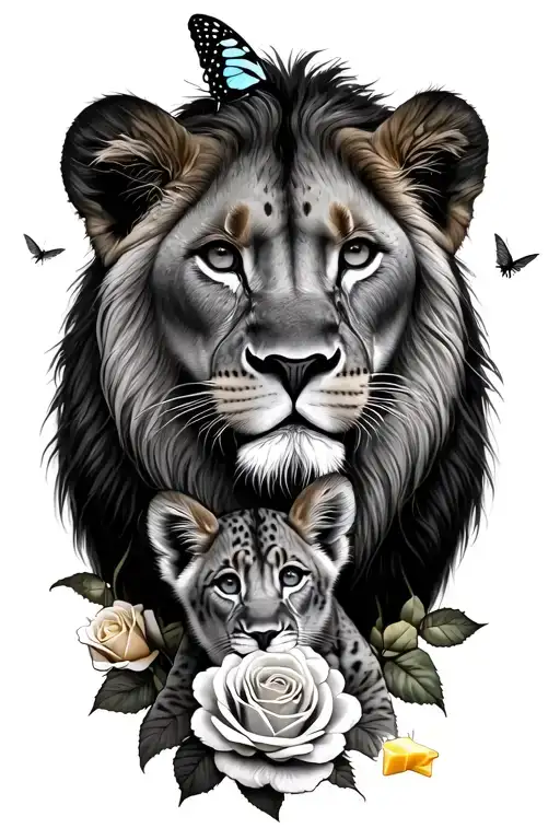 Lioness And Cub With Roses And Butter Fly