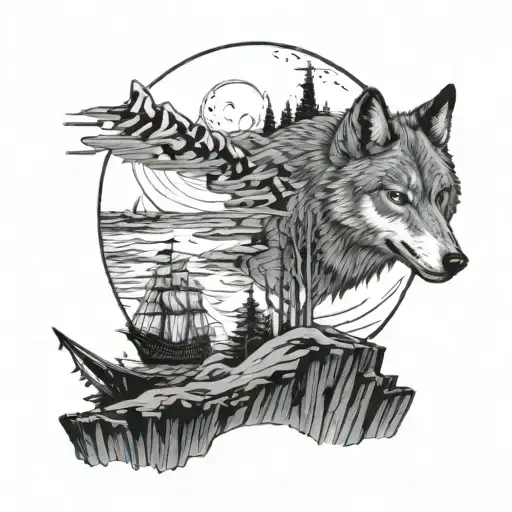 Wolves On A Cliff At The Edge Of The Sea With A Pirate Ship Under The Aurora Borealis