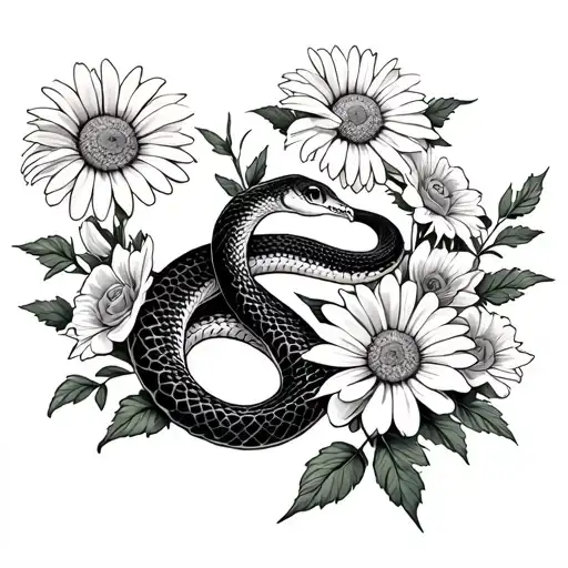 Snake On Forearm With Oxeye Daisy And Roses