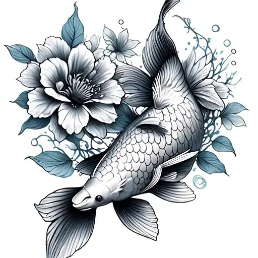 Koi Fish With Flowers