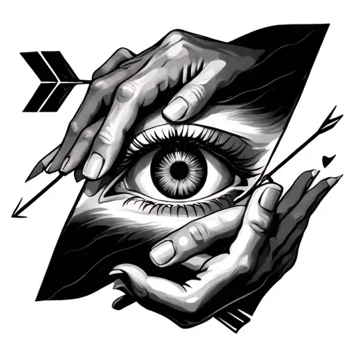Two Hands Over An Eye In The Middle With An Arrow Going Through All 3