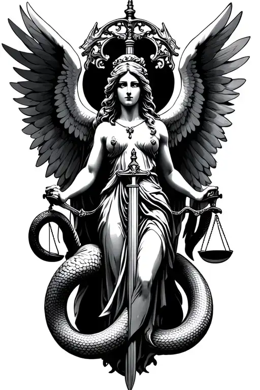 Lady Justice With Wings Holding Scales And A Sword Wrapped In Two Spiraling Snakes