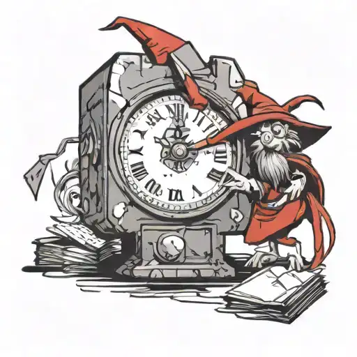 A Tiny Red Cartoon Wizard Entering A Piece Of Paper Into The Top Of A Square Analog Clock