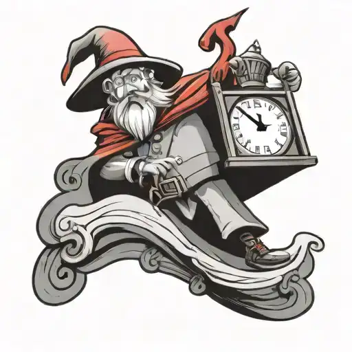 A Tiny Red Cartoon Wizard Entering A Piece Of Paper Into The Top Of A Square Analog Clock