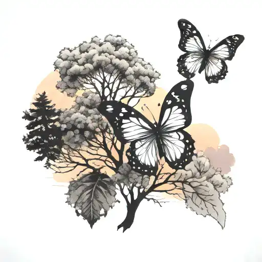 Butterfly And Trees Colors Sunset