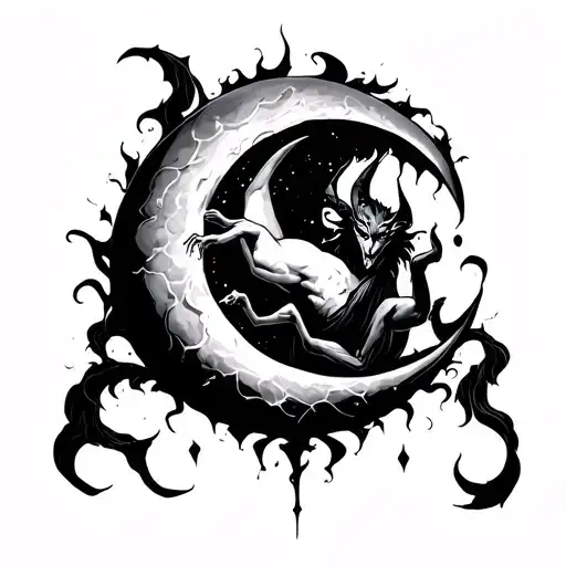 Crescent Moon With A Falling Devil Inside Surrounded
