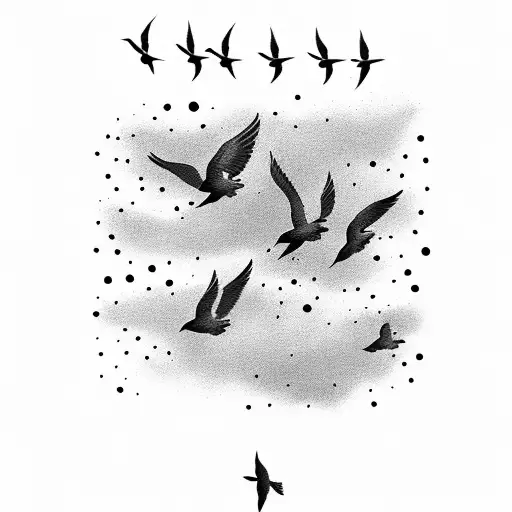 Flock Of Little Birds In Flight In Black Colour