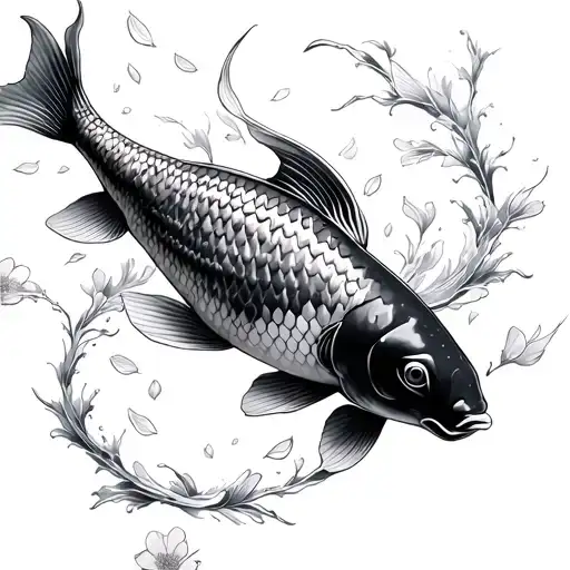 Koi Fish Swimming With Blossom Petals Falling