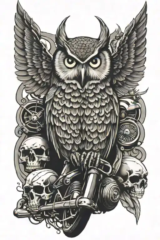 Owl And Skulls And Motorcycle Silhouette